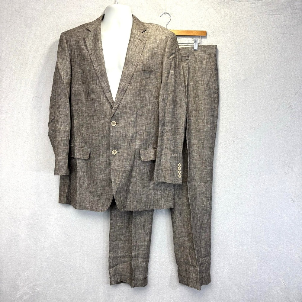 APOLLO King 100% Linen Suit Mens 42L 36x31 Taupe Brown 2 Pc Blazer Jacket Pants